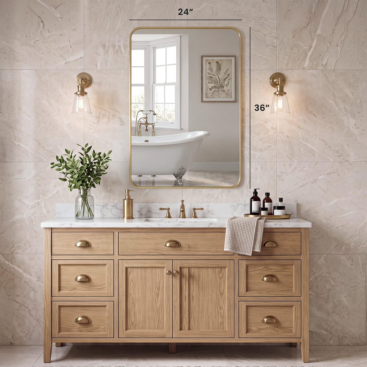 Bathroom Wall Mirror, 36x24 Inch Mirror for Over Sink, Gold