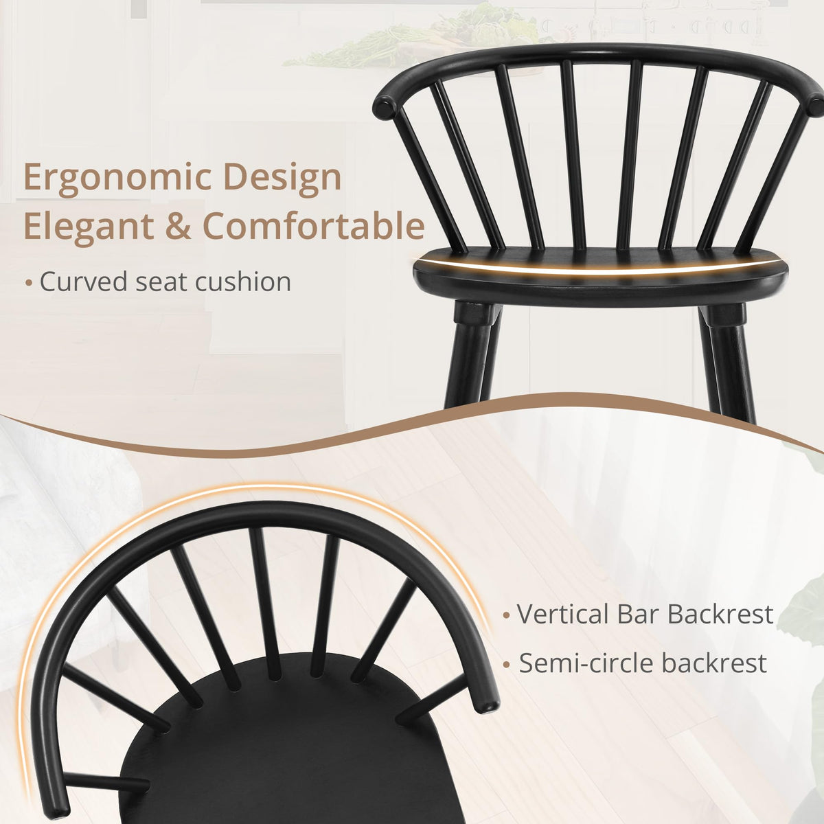 Black Dining Chairs Set of 4, Farmhouse Wood Dining Chairs with Semicircular Backrest, Spindle Dining Chair, 18 Inch