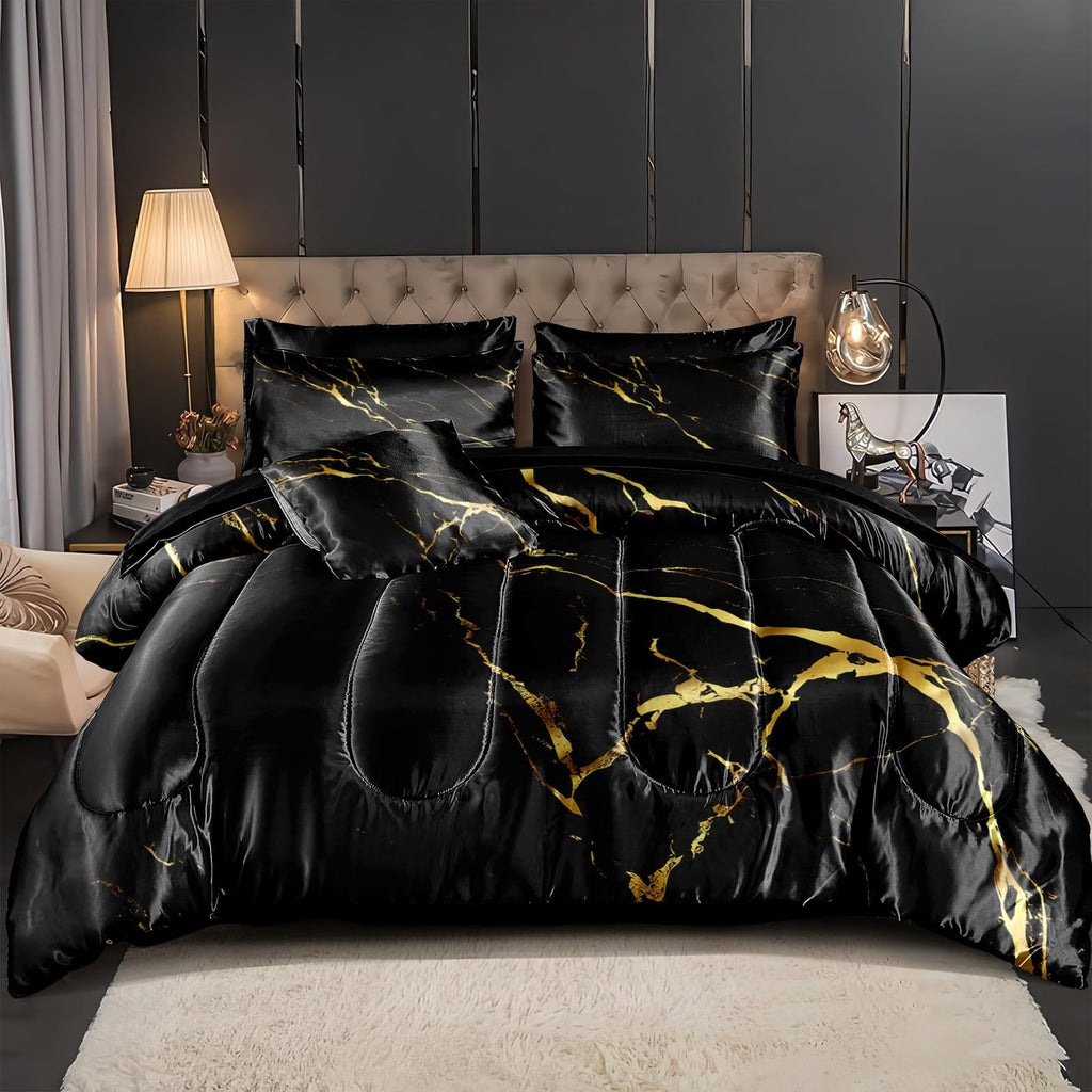 Black Gold Marble Comforter with Sheet Set 8 Pcs Bed in A Bag Satin Bedding Set Luxury Hotel Silky Bed