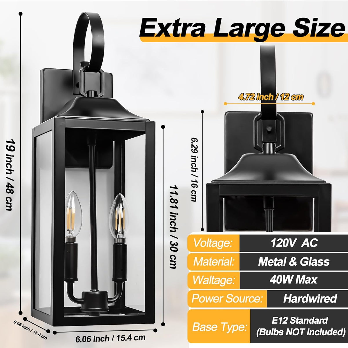 19" Large Outdoor Wall Lights - Black Outside Wall Mounted Light Fixture - Set of 2