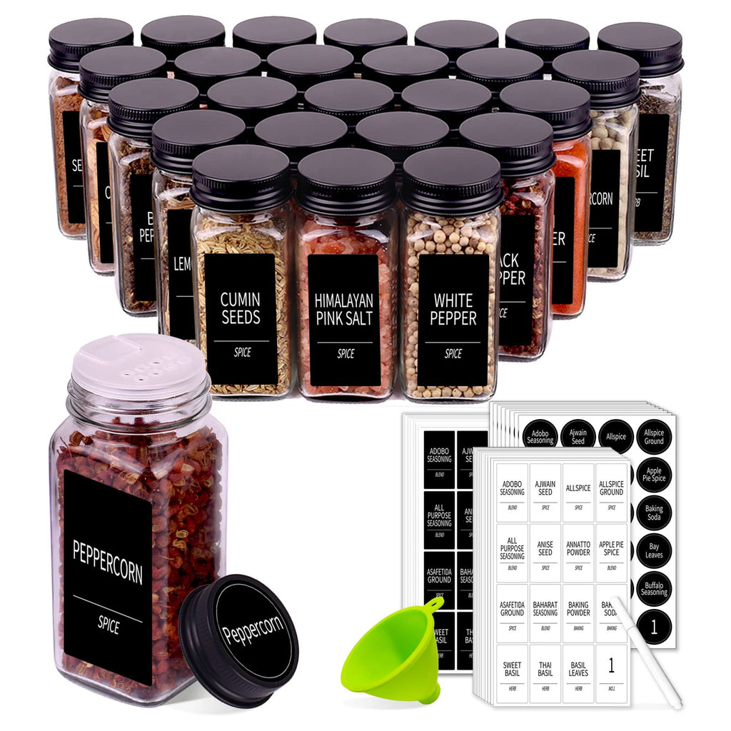 25 Pack Glass Spice Jars with Labels, 4oz Spice Containers