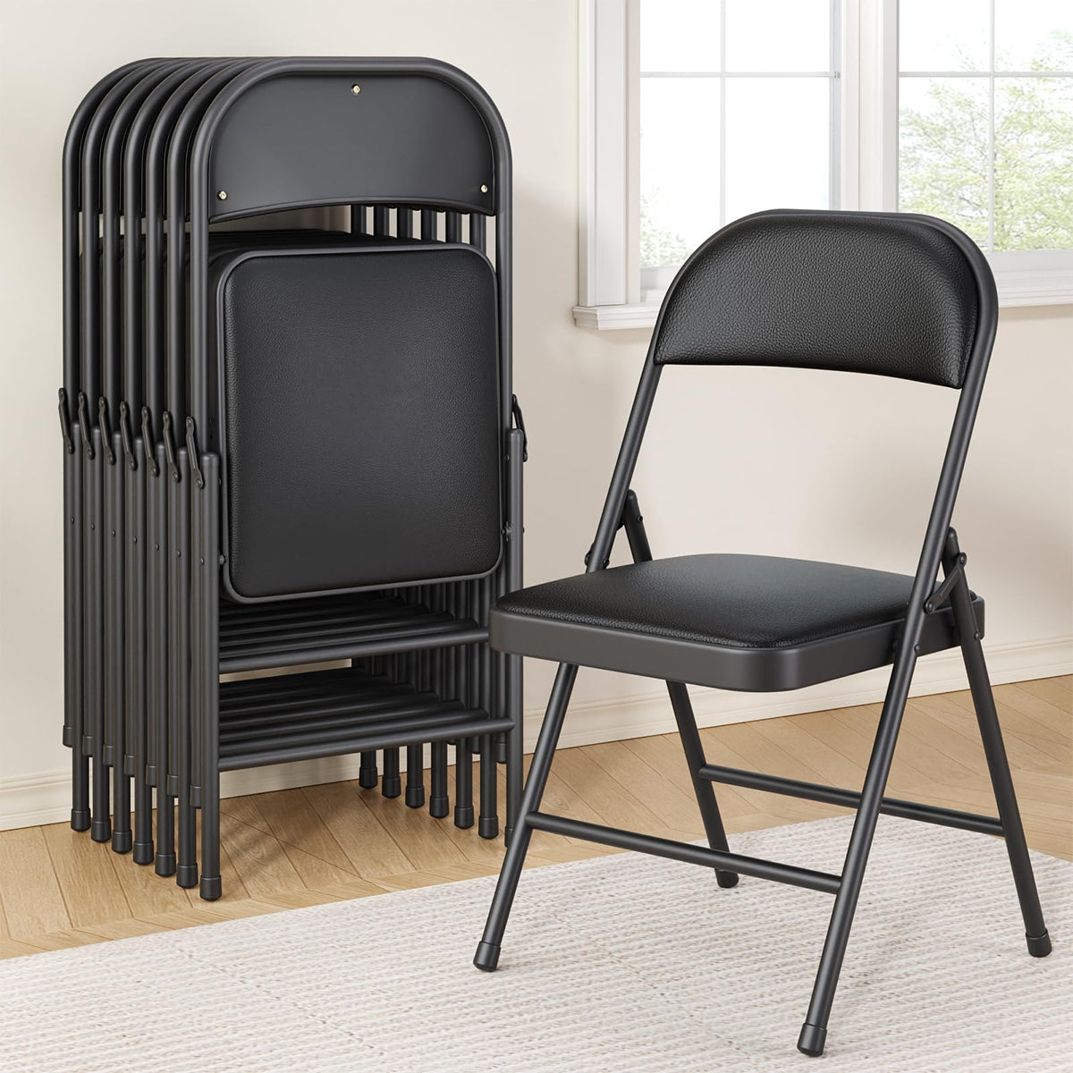 Folding Chairs 8 Pack, 350 lbs Heavy Duty Metal Frame Folding Chairs with PU Leather Padded Seat, Ergonomic Portable