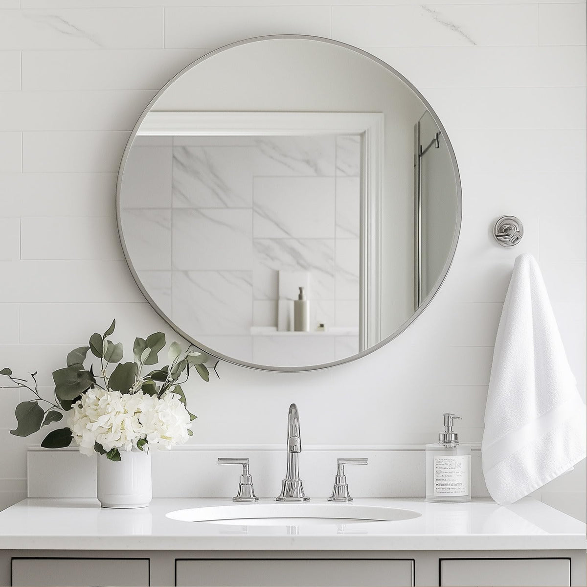 Round Mirror, 26 inch Silver Circle Mirror,Bruhsed Nickel Metal Frame