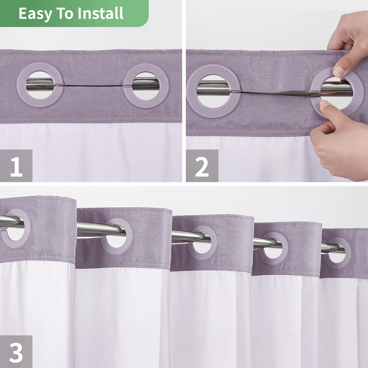 Lavender No Hook with Snap-in Fabric Liner Set, Slub Textured Fabric Shower Curtains Style Modern, Water Repellent &