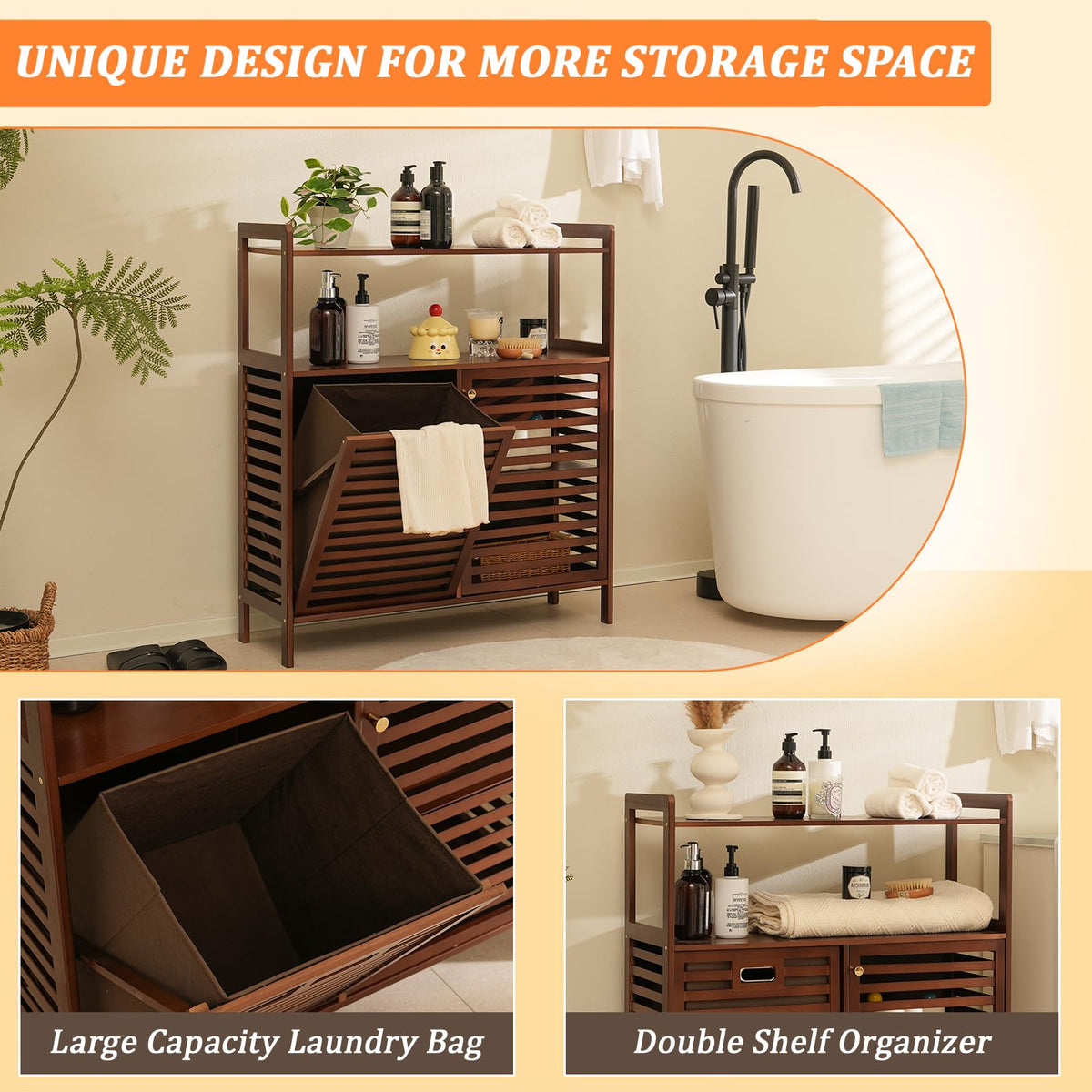 Tilt Out Laundry Hamper, Bamboo Double Laundry Hamper with Shelf