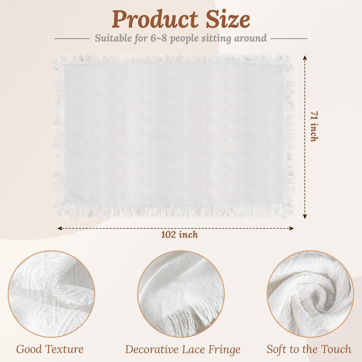 134 x 91 Extra Large White Outdoor Picnic Blanket, Woven Cotton Yarn Oversize Portable Blanket with Fringe for