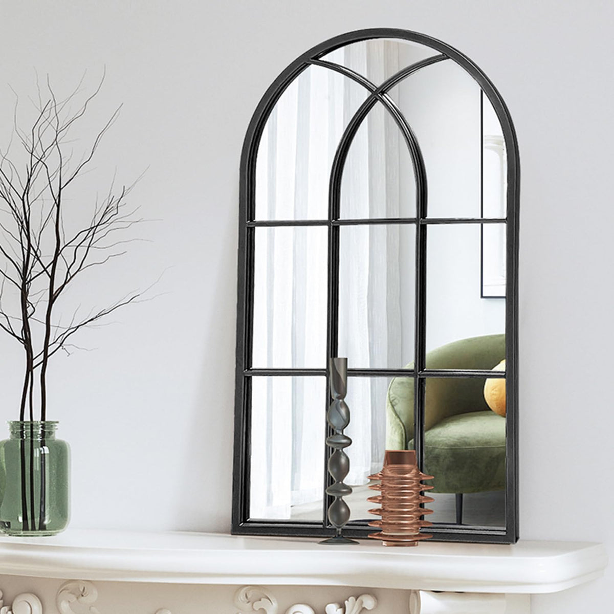 Arched Window Wall Mirror, 42"x24" Windowpane Mirror, Black