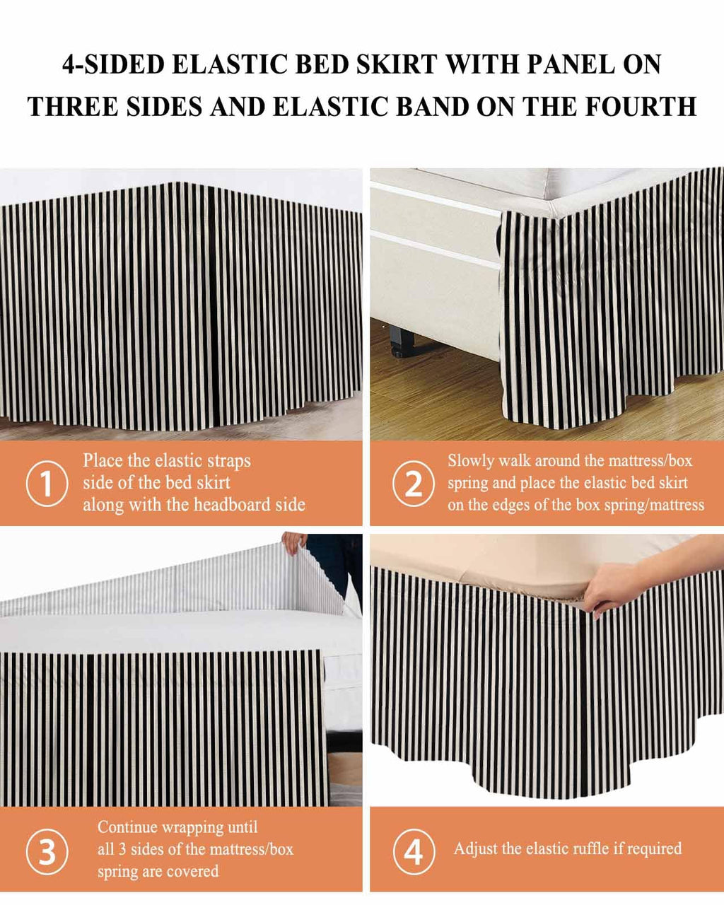 Bed Skirt Black Stripes Bedskirt 18 Inch Drop Linen Classic Vertical Striped Elastic Wrap Around Bed Skirts Dust