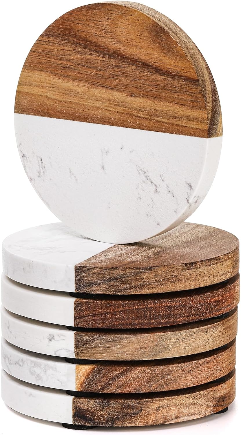 Packs Marble Wood Coasters, Round Coaster, Handcrafted Artificial Marble Coasters Set for Your Drinks - Set of 6