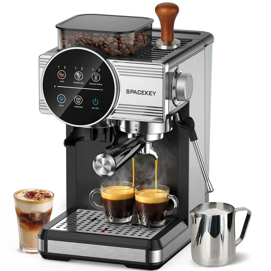 Espresso Machine with Grinder and Frother, 30 Grind Settings, 20 Bar