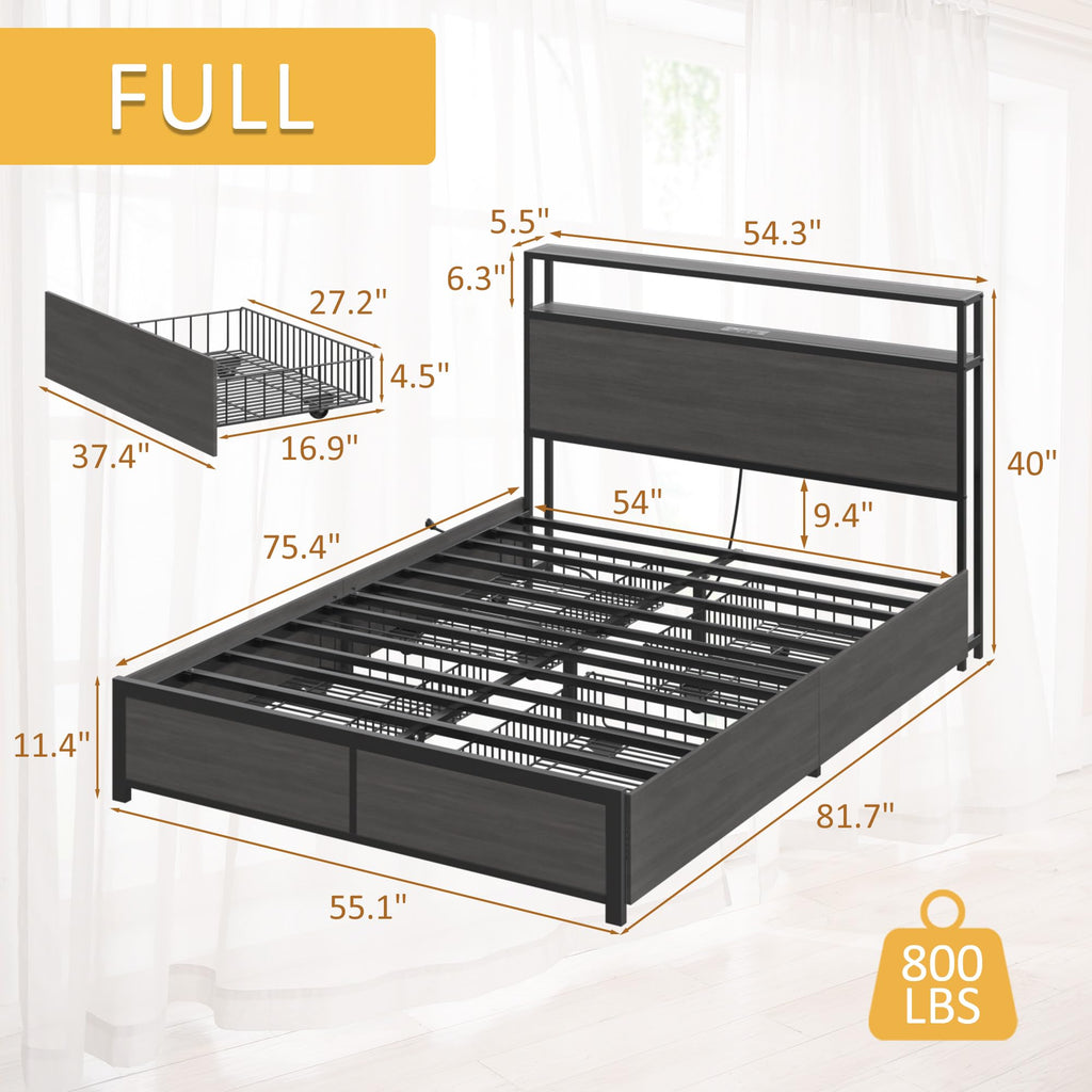 Bed Frame with 2-Tier Storage Headboard, Metal Platform Bed Frame with 4 Storage Drawers, Built in Charging