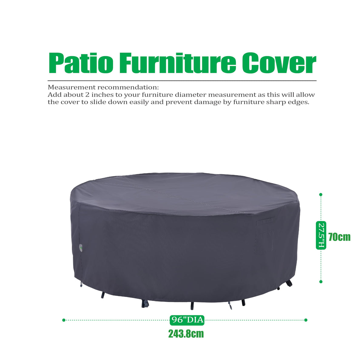 Round Patio Furniture Cover, Grey, 96" Dia x 27.5" H
