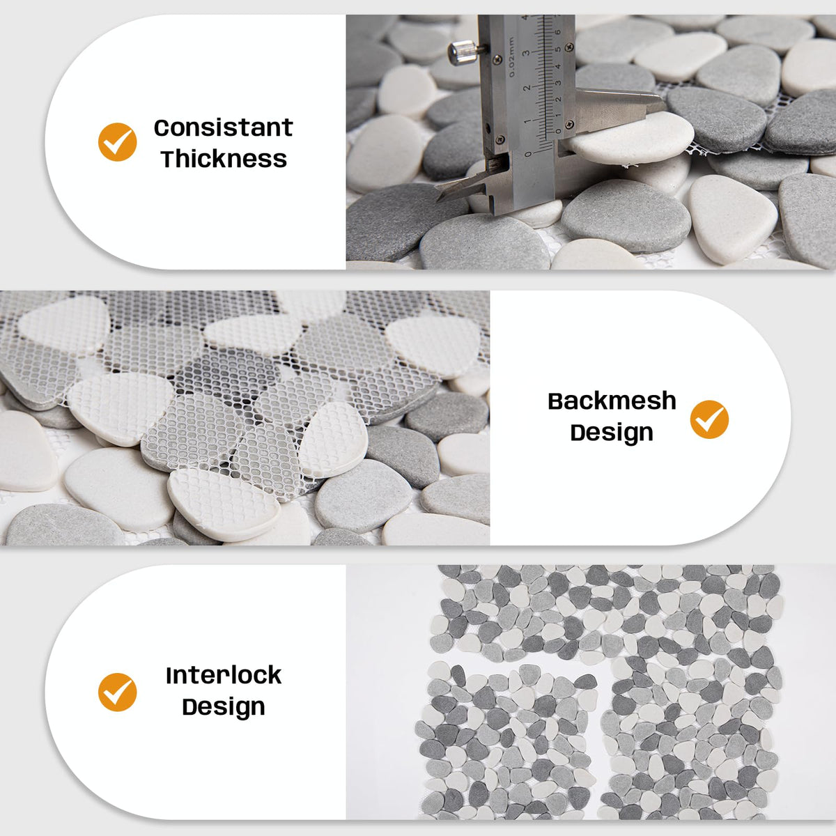 Grey Pebble Bathroom Shower Tile 12x12 in Pebble Mosaic Floor, 5 Pcs