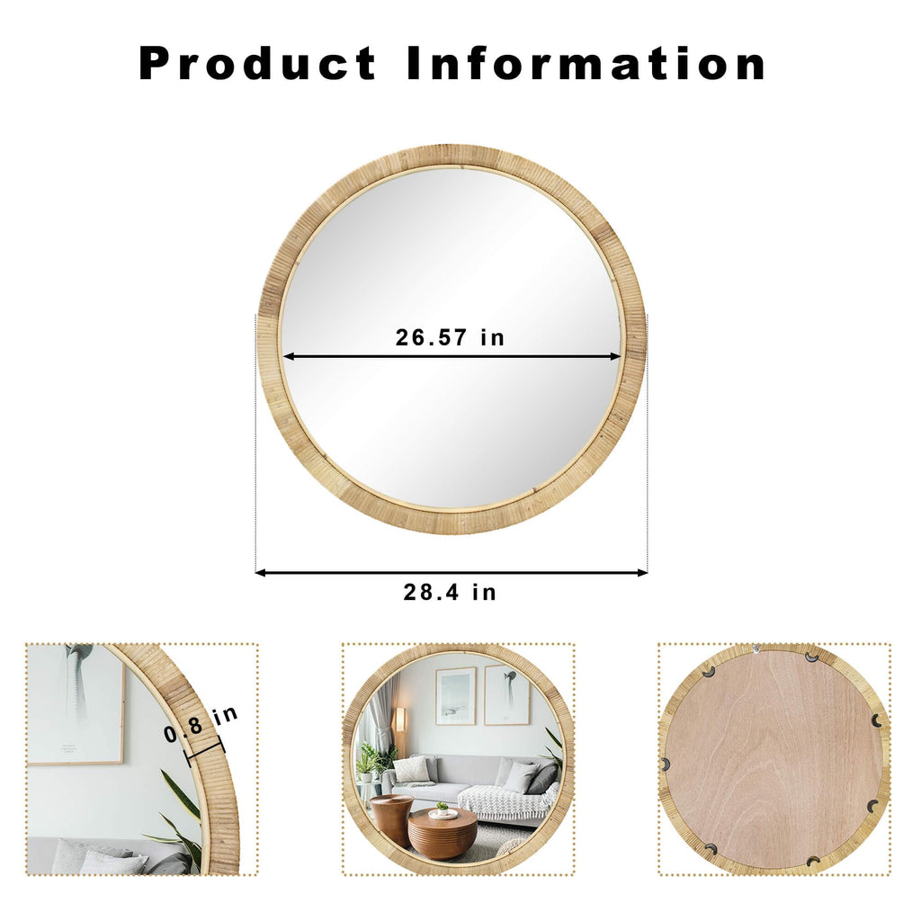 Rattan Bathroom Mirror, Rattan Mirrors for Wall, 28inch Round Mirror Boho Frame Farmhouse Bedroom Checkroom