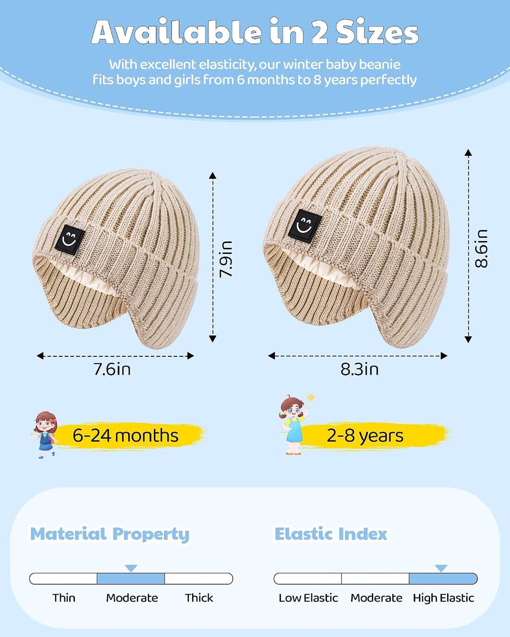 3 Pack Baby Beanie Hats with Earflaps, 2 Size Baby Winter Hat for Toddler Kids, Fleece Lined Knit Hat for Girls Boys