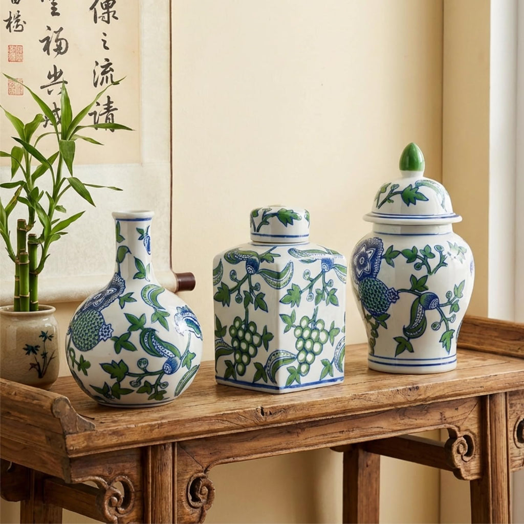 Porcelain Ginger Jar, Chinoiserie Vase Living Room Console Table Accent, Shelf and Tabletop Decor, Green - Set of 3