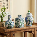 Porcelain Ginger Jar, Chinoiserie Vase Living Room Console Table Accent, Shelf and Tabletop Decor, Green - Set of 3
