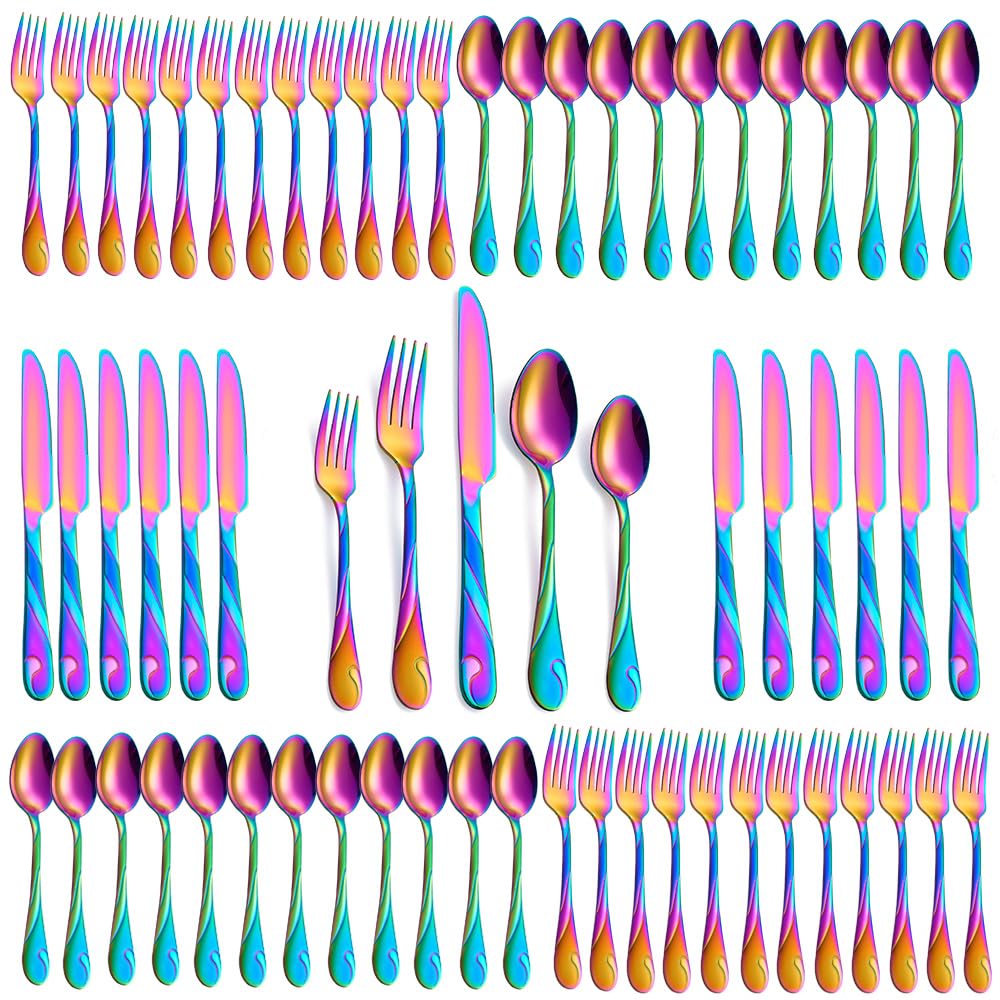 Rainbow Silverware Set, 60-Piece Stainless Steel Flatware Set