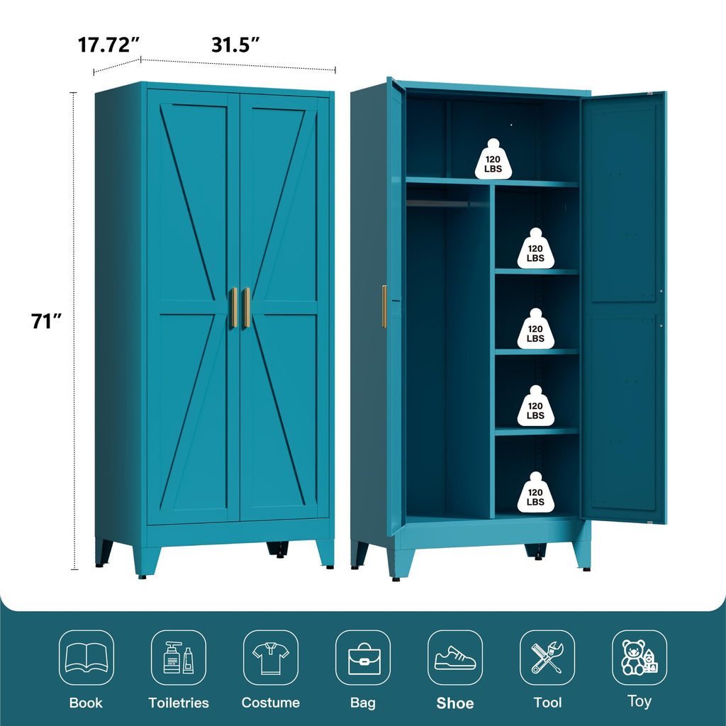 71" Tall Metal Wardrobe Closet with Adjustable Shelves and Hanging Rod, 2 Doors Office Storage Locker Cabinet