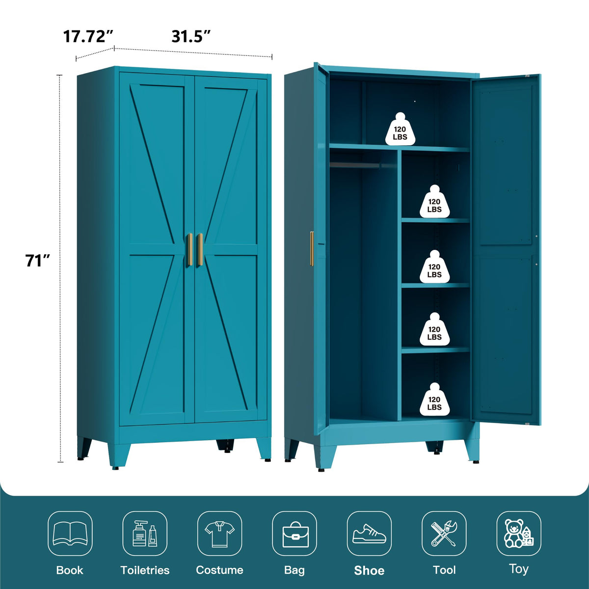 71" Tall Metal Wardrobe Closet with Adjustable Shelves and Hanging Rod, 2 Doors Office Storage Locker Cabinet