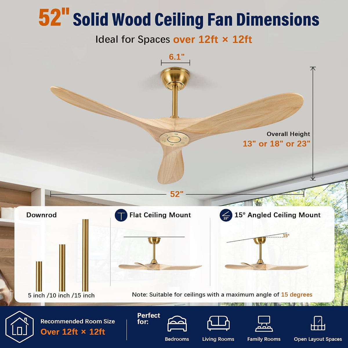 52" Ceiling Fan with Remote, No Light