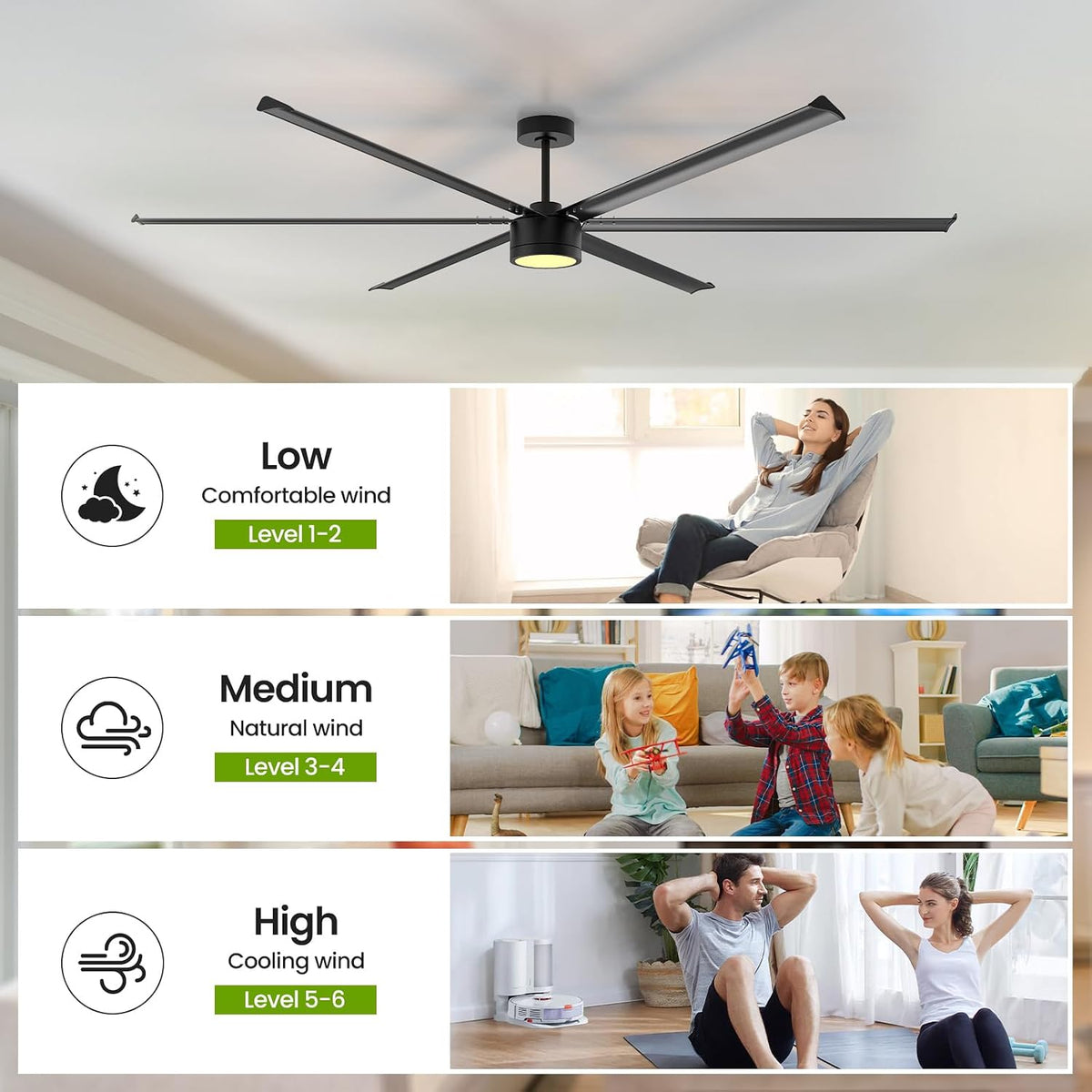 96 Inch Industrial Ceiling Fan with Light,Large Ceiling Fan with Remote and APP,6 Reverisble Aluminum Blades,6-Speed,Indoor,Outdoor Ceiling Fans for Patios/Shop/Garage/Commercial Black