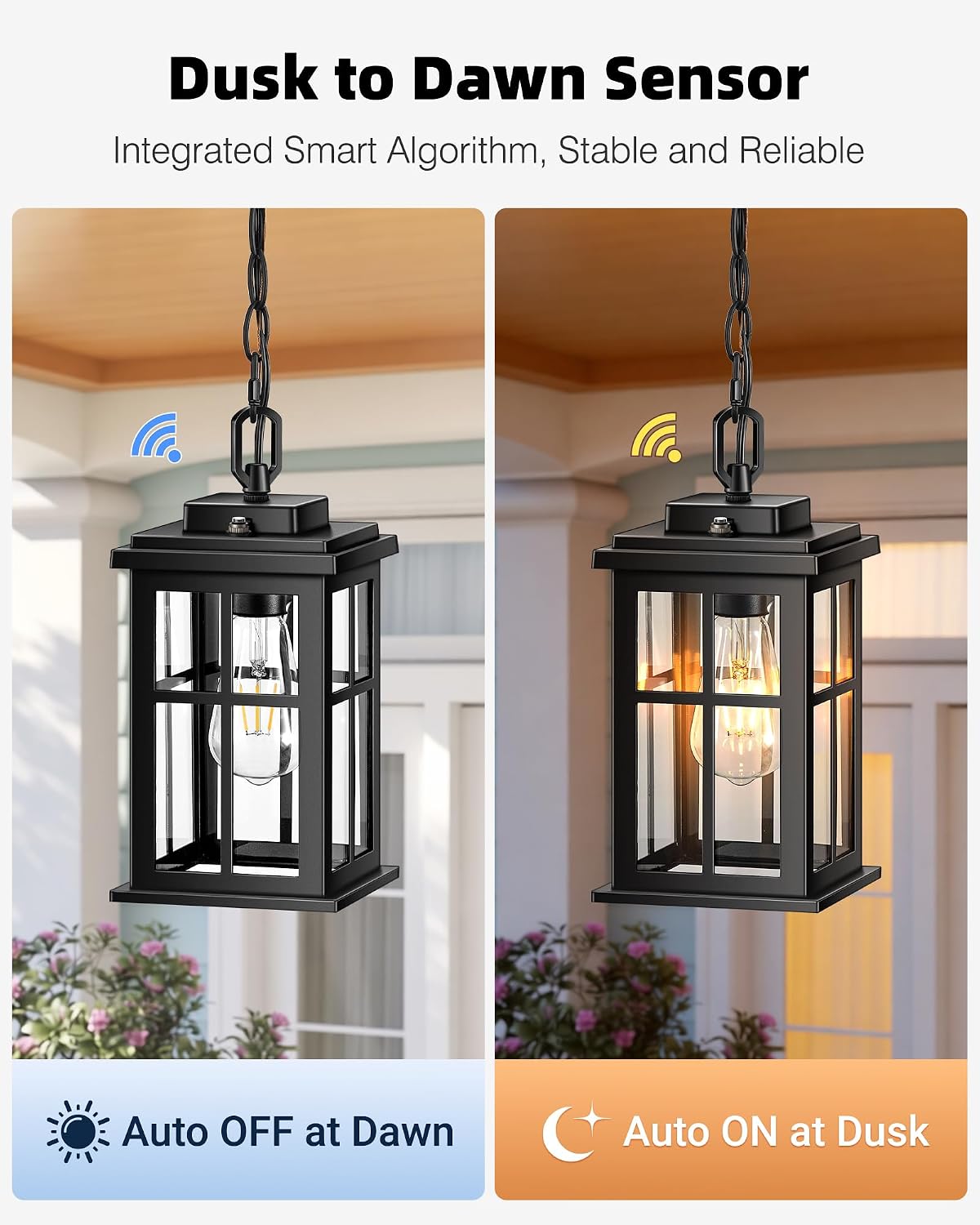 Black Dusk to Dawn Outdoor Pendant Light, Modern Hanging Light Fixture with Tempered Glass