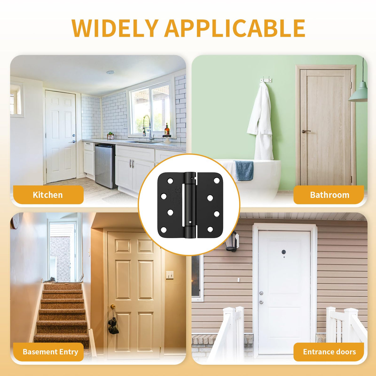 3 Pack Self Closing Door Hinges, 4 Inch, Adjustable Tension, Black