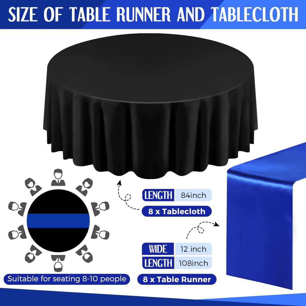 16 Pcs Black and Royal Blue Round Tablecloth and Satin Runner Set