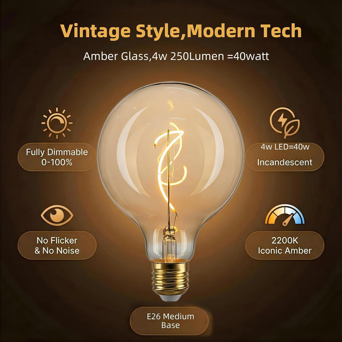 Oversized LED Edison Bulb, Amber 4W 2200K Dimmable E26 Globe 2PK