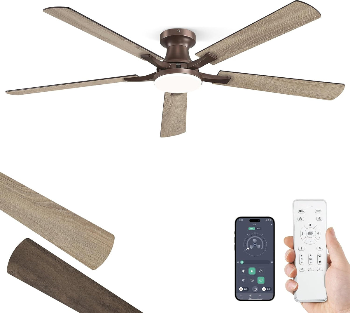 60" Brown Flush Mount Ceiling Fan with Light & Remote