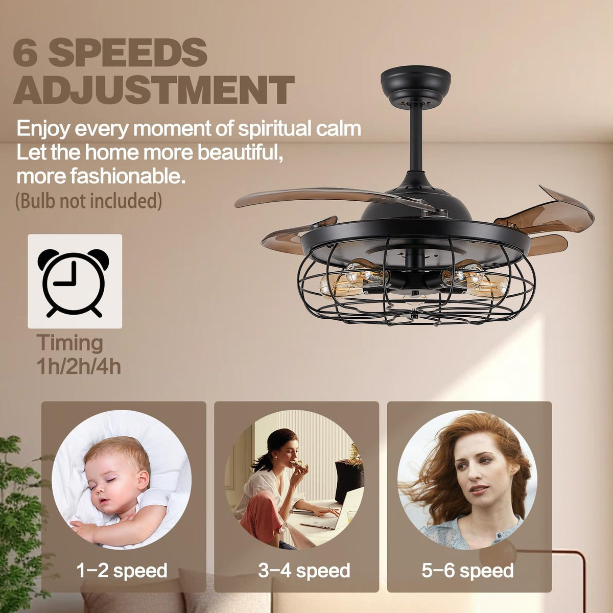 36" Retractable Ceiling Fan, Industrial Retro Caged Ceiling Fans with Remote Controller Vintage Style Rustic