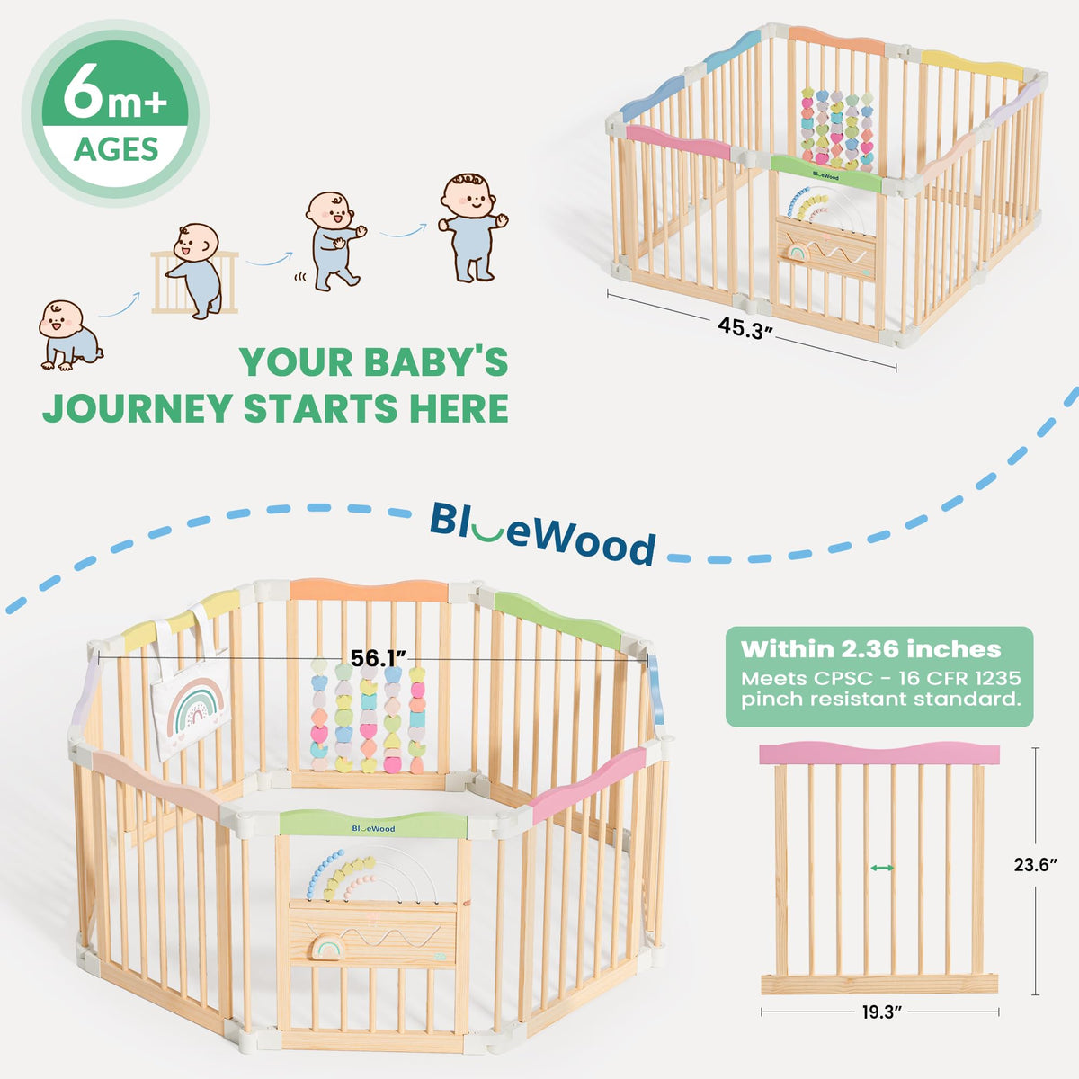 Foldable Wooden Baby Playpen, 45 x 45 x 24 inches, Pastel Dream, Rainbow