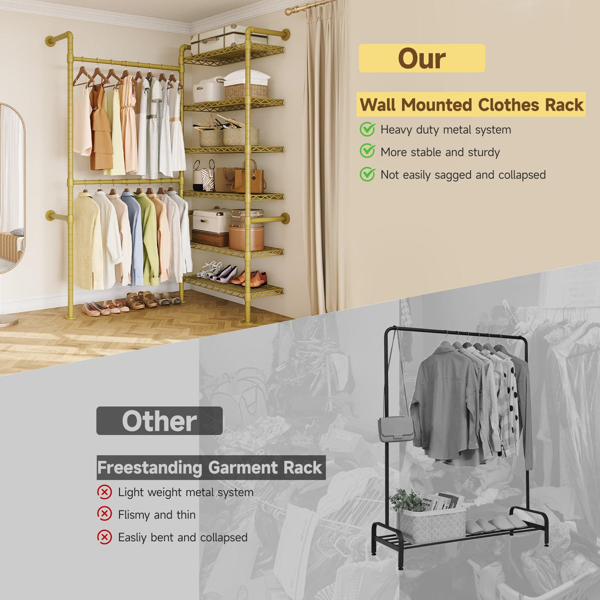 L2 Wall Mounted Closet System, Industrial Pipe Clothing Rack, Gold