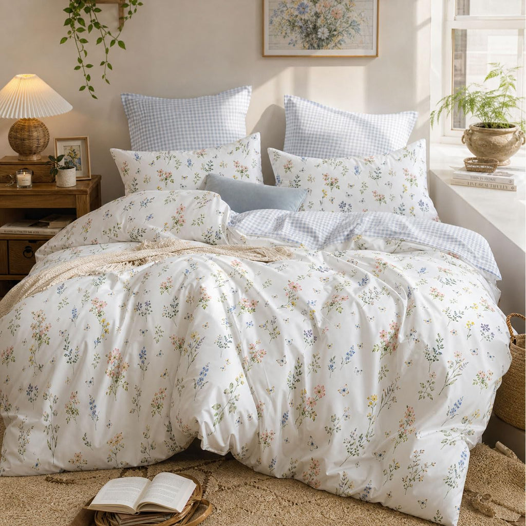Gingham Comforter Set 3 Pieces Colourful Floral Bedding Set