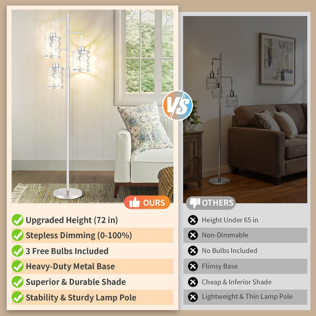 72" Modern Tree Floor Lamp, Dimmable Minimalist Tall Standing Lamp with Metal Cages & Rotary Dimmer Knob, Corner