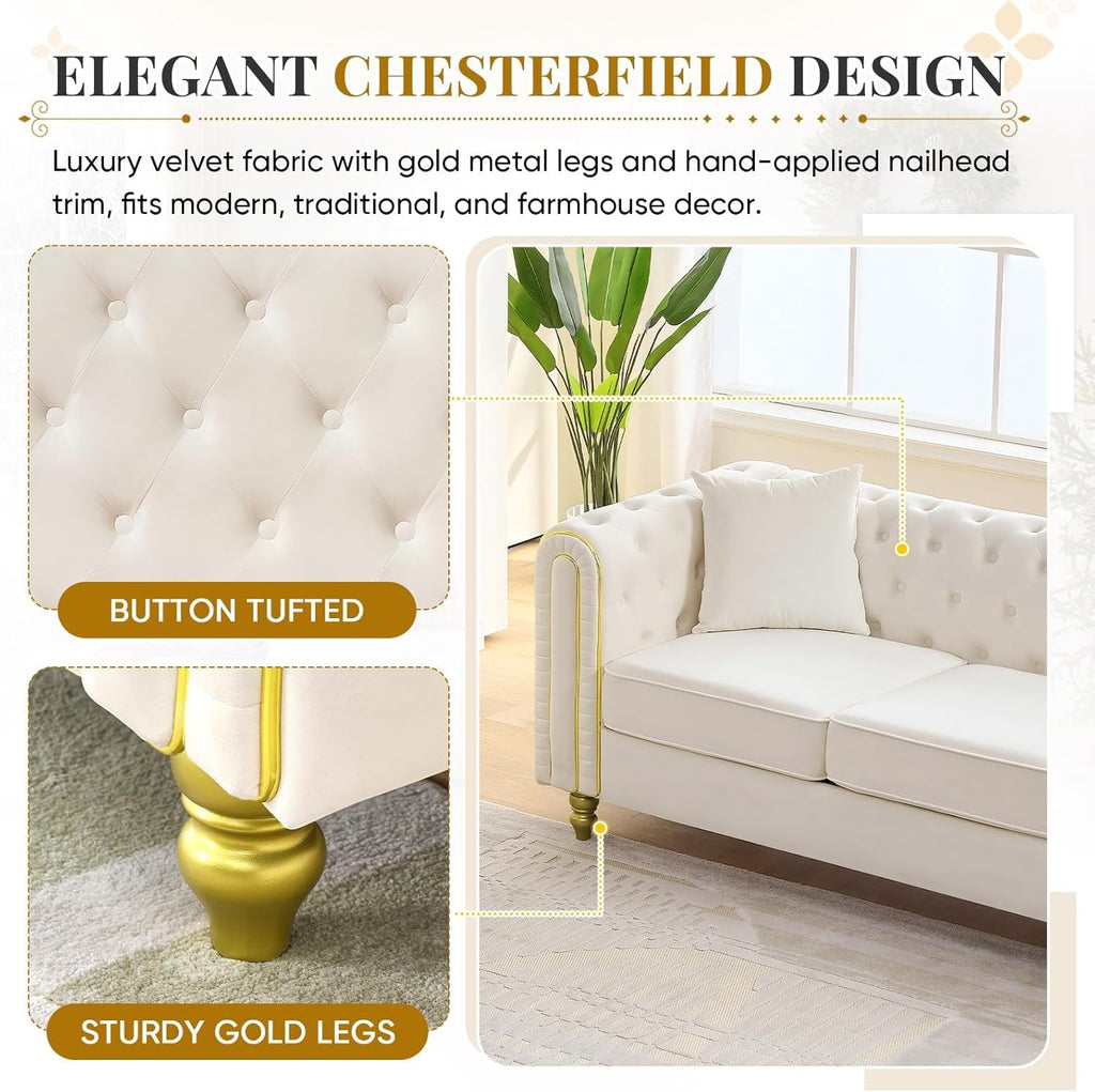 Chesterfield Button Tufted Sofa Set of 2, Modern Deep Seat Loveseat + 3 Seater Couch with Golden Legs, Upholstered