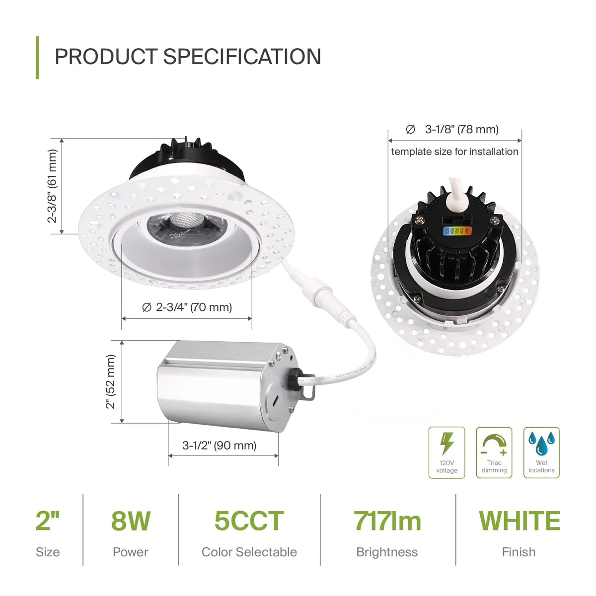 2 Inch Trimless Gimbal LED Recessed Ceiling Light Fixture, Adjustable Directional Downlight with Junction Box, 5CCT