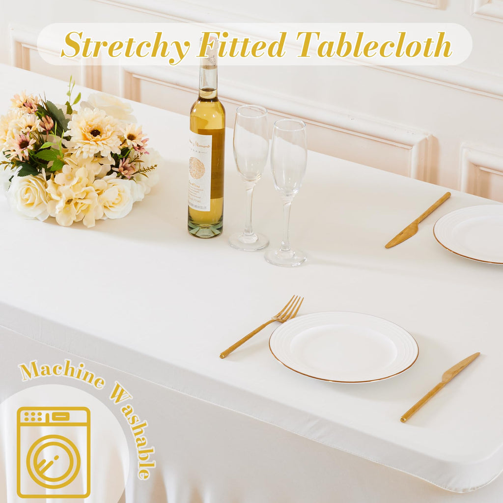 2 Pack Spandex Ivory Fitted Table Cloth for 6ft Rectangle Tables Ivory Stretch Tablecloth Banquet Table Covers Skirt
