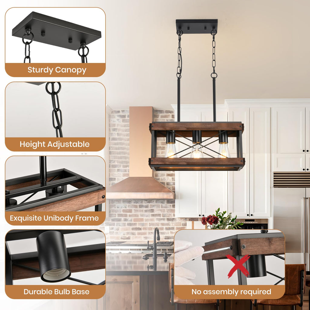 Genuine Wood Farmhouse Kitchen Island Light, 3-Light Rustic Pendant Chandelier with Adjustable Height, Metal Linear