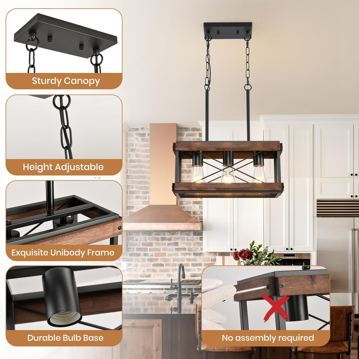 Genuine Wood Farmhouse Kitchen Island Light, 3-Light Rustic Pendant Chandelier with Adjustable Height, Metal Linear