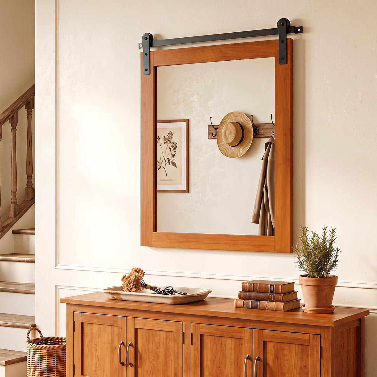 Rustic Farmhouse Wall Mirror, 22 x 30 Inch, Barn Door Style with Wood Frame & Metal Bracket, Wall-Mounted Decorative