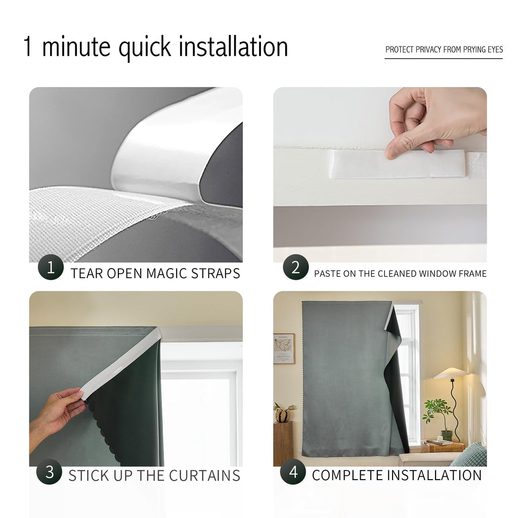 Magic Tape Stick on Portable Curtains for Windows, Bedroom Blackout Curtains for - Thermal Lnsulated No Drill Curtains