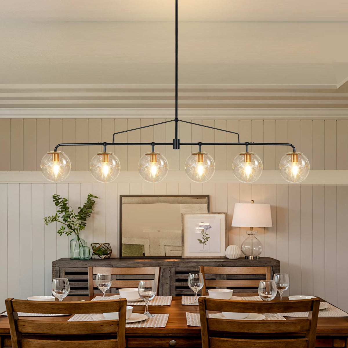 Linear Chandelier 6 Lights Glass Globe Linear Island Pendant Light