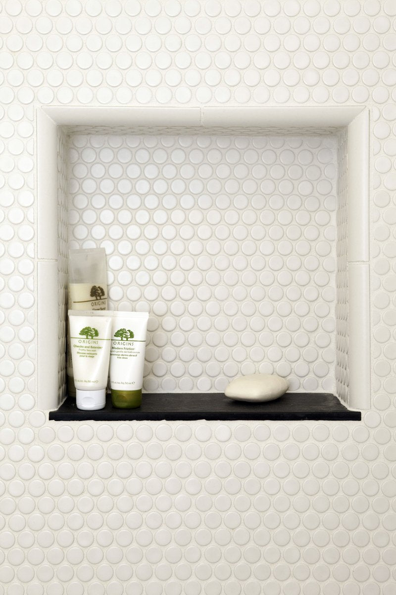 Arctic White Penny Round Porcelain Mosaic Tile - Matte Finish Floor, Kitchen Backsplash, Accent Walls, Shower