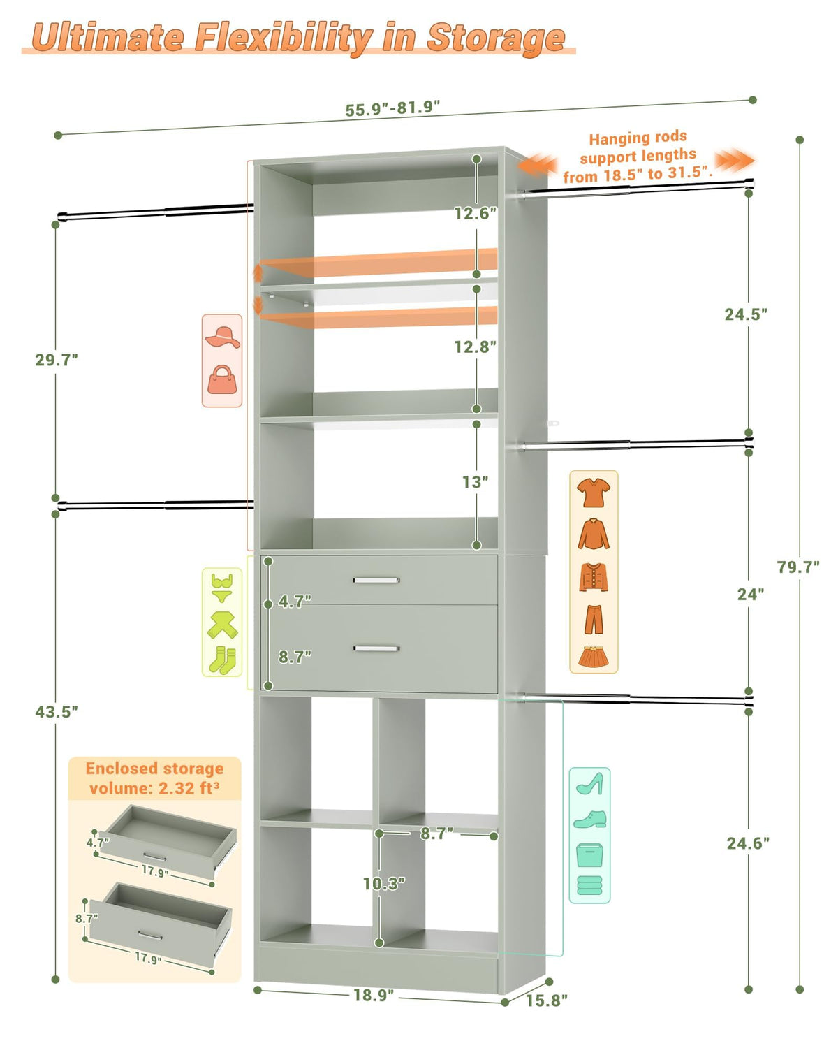 Small Closet System, 3.2-6.8FT Small Closet Organizer with 2 Wooden Drawers & 5 Hanging Rods, Can Fit 37.5 to 81.9