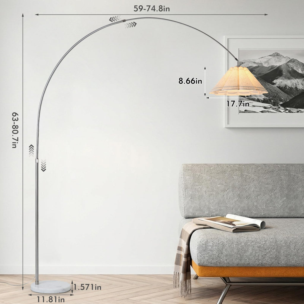 Inspired Arco Style Large Arc Floor Lamp with Natural Marble Base - 81" Tall Adjustable Arched Standing Lamp, Chrome Stainless Steel Over