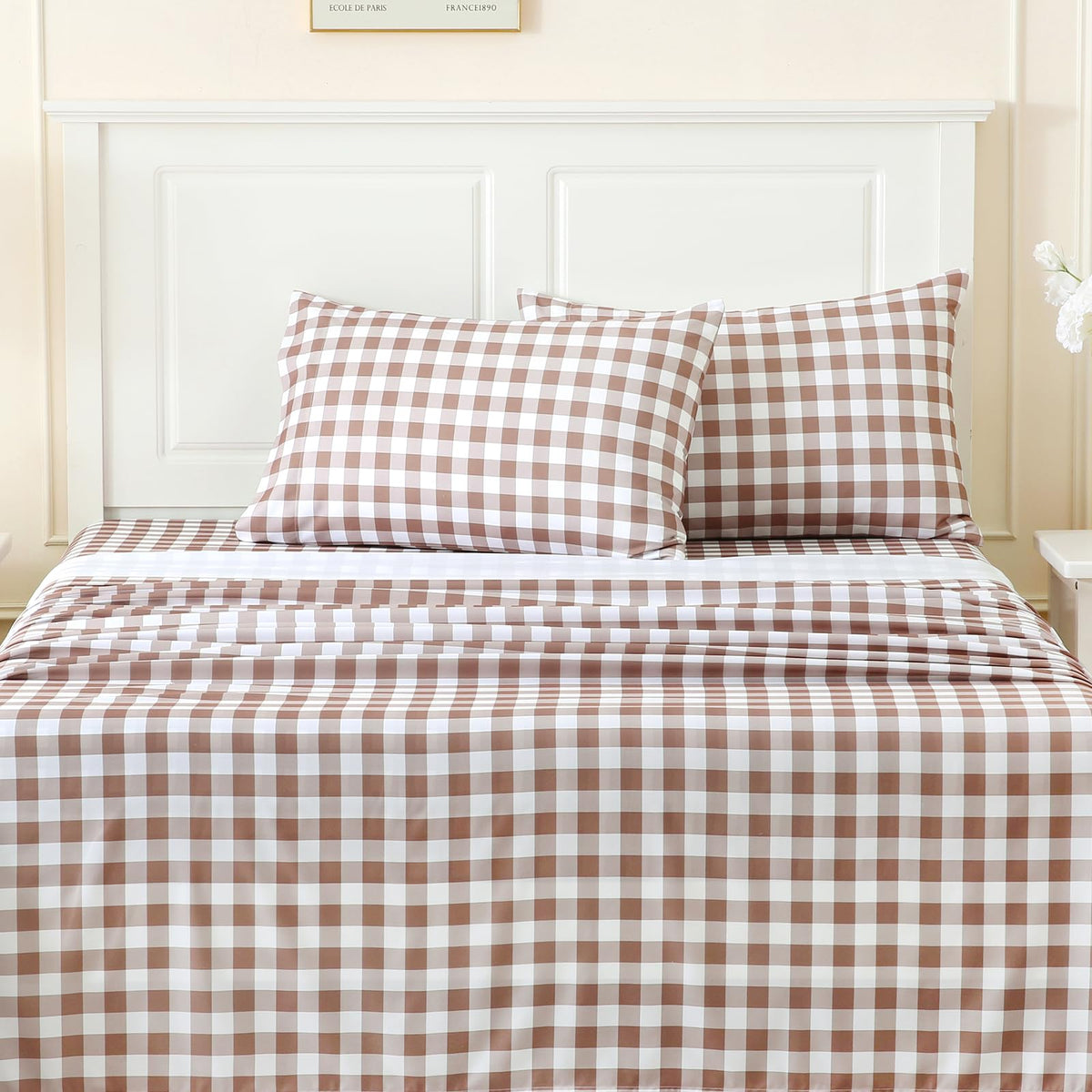 Sheet Set Tan Gingham Plaid, 4-Piece Brushed Microfiber Taupe Grid Bed Sheets, 16" Deep Pocket, Ultra Soft