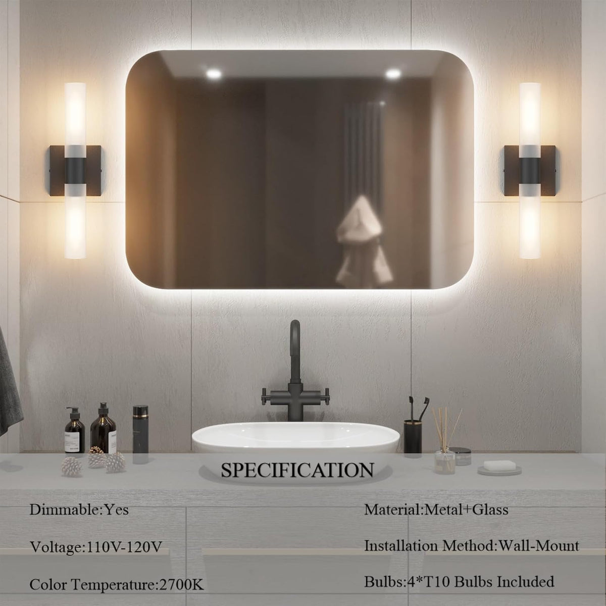 Black Wall Sconces Set of Two,15.7in Dimmable Hardwired LED Sconce Lighting Modern Indoor Vanity Sconce with Frosted