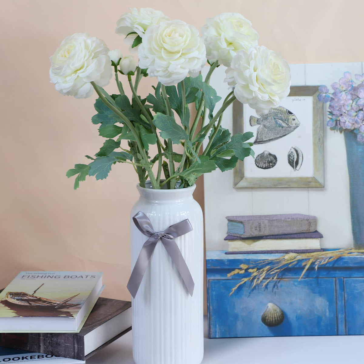 Artificial Ranunculus Long Stem Buttercup Silk Flowers 6pcs Decor and Wedding Decorations(White 1)